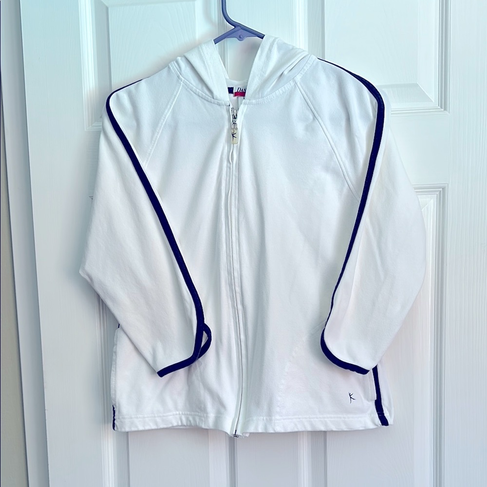 White with navy trim cotton zip up cotton jacket with hood. Super comfortable.